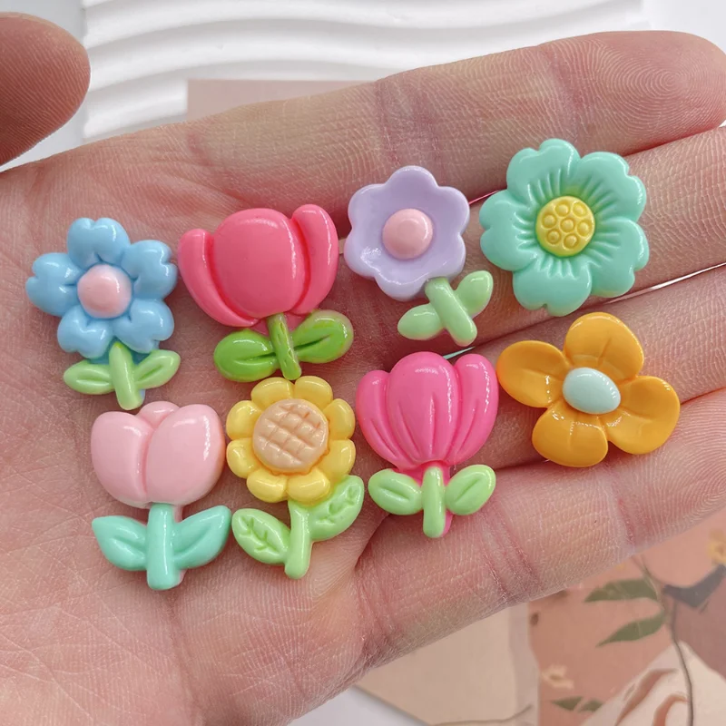 10Pcs Shiny Tulip Sunflower Craft Embellishments Resin Flatback Flowers Cabochon Scrapbooking Tool and Accessories