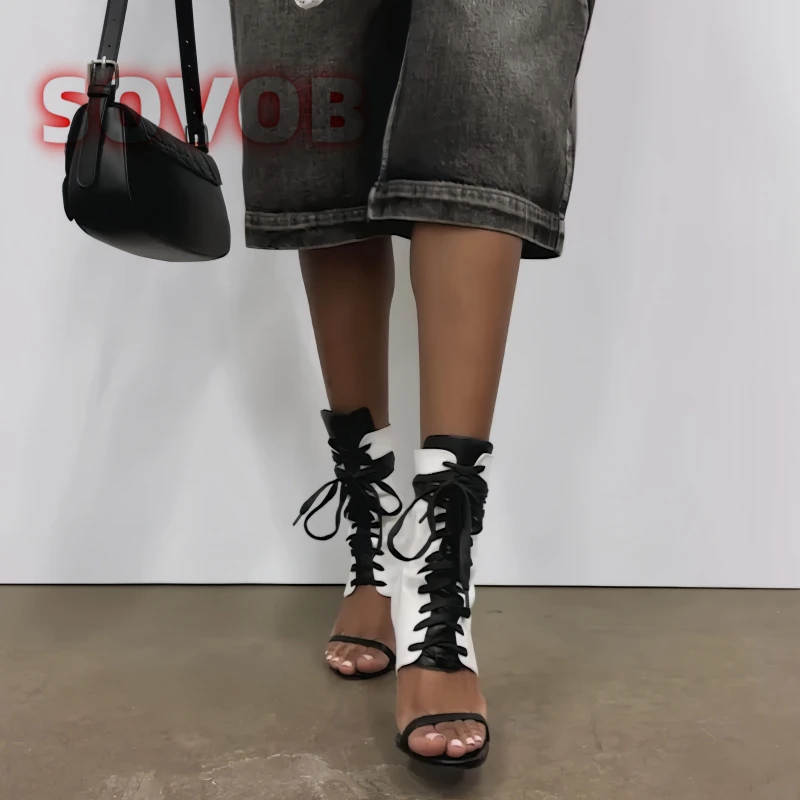 

Women's Fashion White Ankle Boots Sexy Lace Up High Heel Sandal Boots Ladies Punk Back Zipper Cross Tied Boots Big Size Shoes