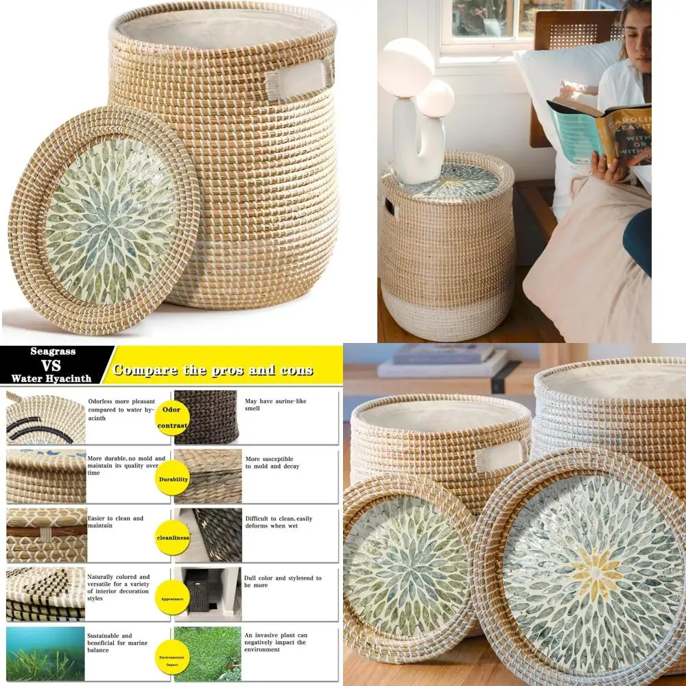 سلة غسيل من الأعشاب البحرية المنسوجة يدويًا مع حقيبة قابلة للإزالة، سلة تخزين سعة 28 لتر للاستخدام الخارجي الطبيعي #1