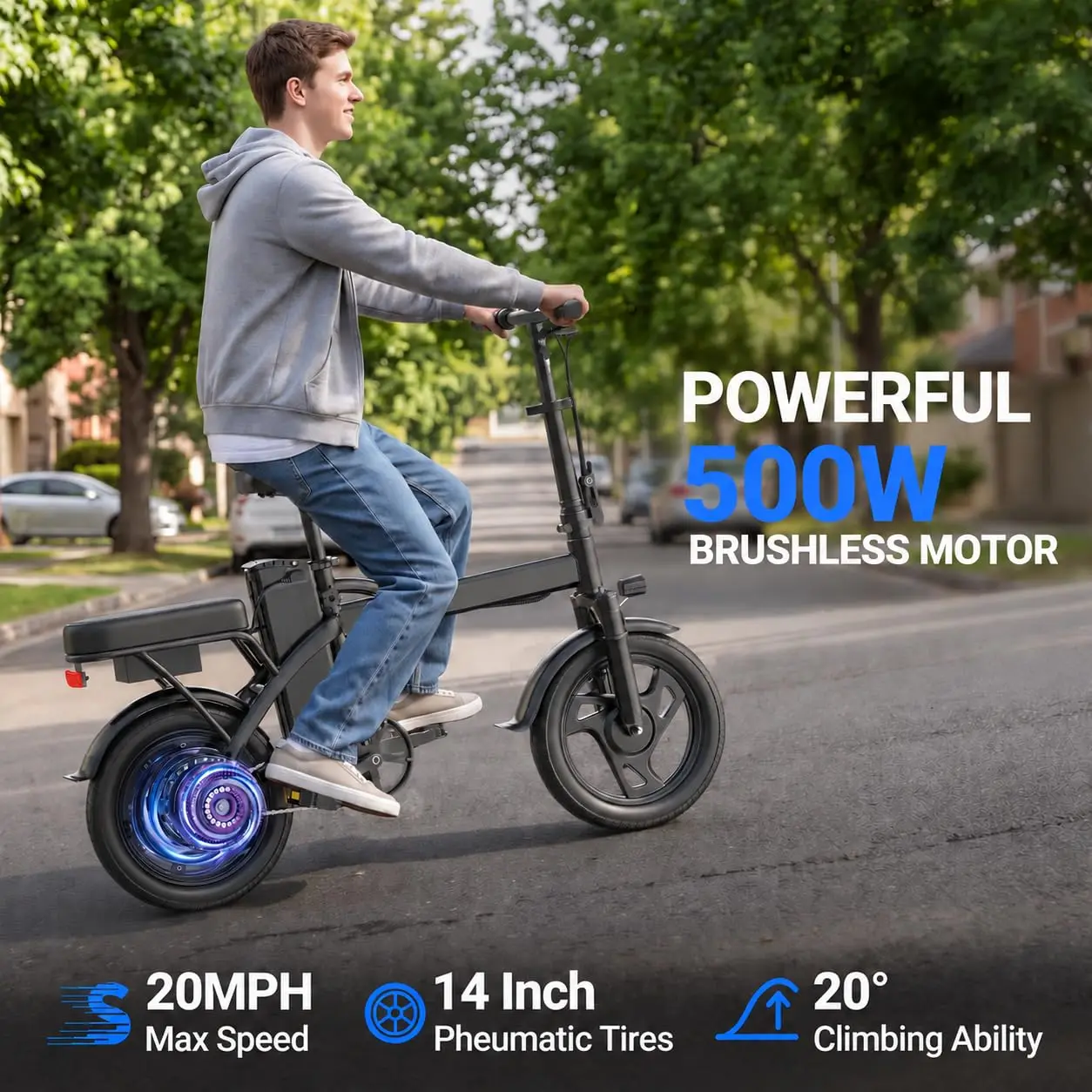 14'' Folding Electric Bike 1000W Motor 20MPH Max Speed Adults, Customized