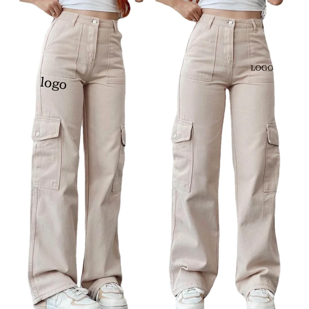 

Custom LOGO New Women's Casual Pants Mid-Waist Three-dimensional Pocket Cotton Polyester Trousers Waisted Cargo Pants