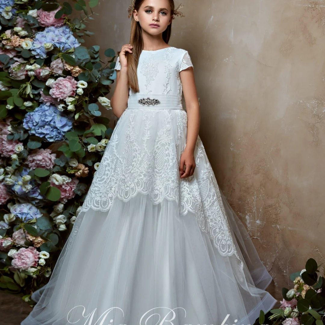 

Flower Girl Dress for Wedding White Long Sleeves With Bow Kids Bridesmaid Party First Communion Birthday Ball Gown