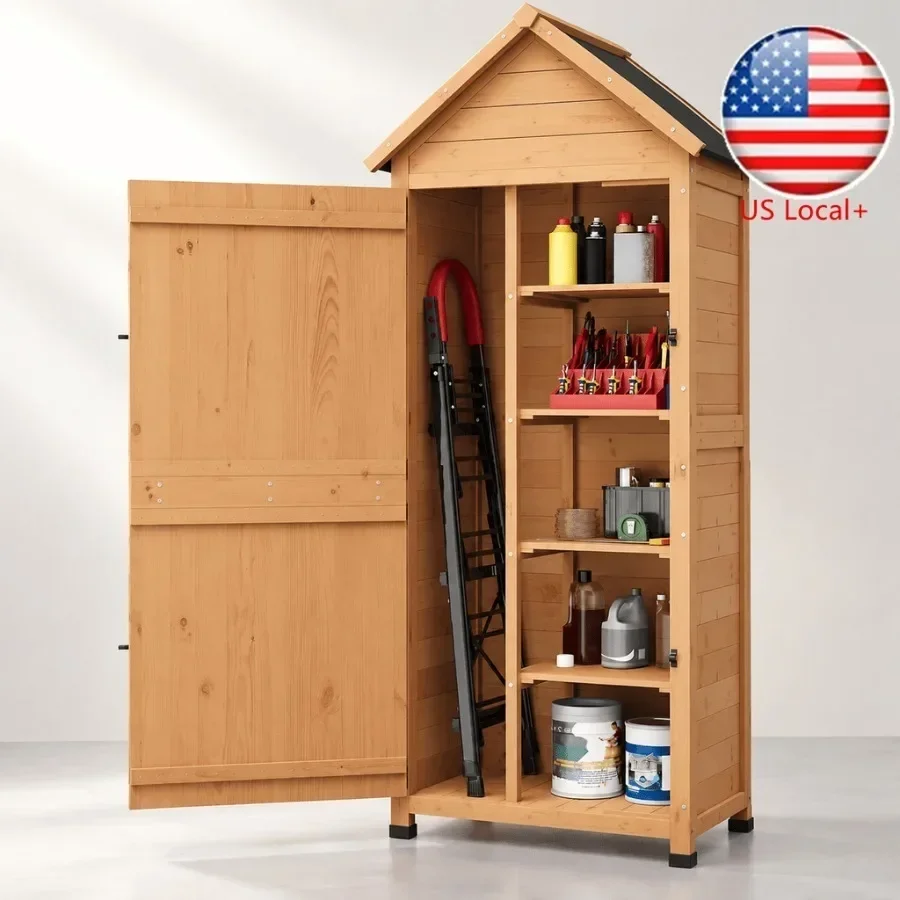 Outdoor wooden storage shed for patio, yard, lawn tools; weatherproof multi-wall construction; natural wood finish; 63 tall wit