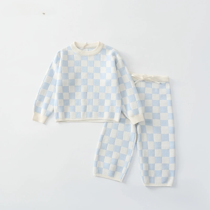 

Fashion Baby Girl Boy knitted Clothes Set Sweater+Pant 2PCS Infant Toddler Spring Fall Winter Plaid Knit Suit Baby Clothes 1-5Y