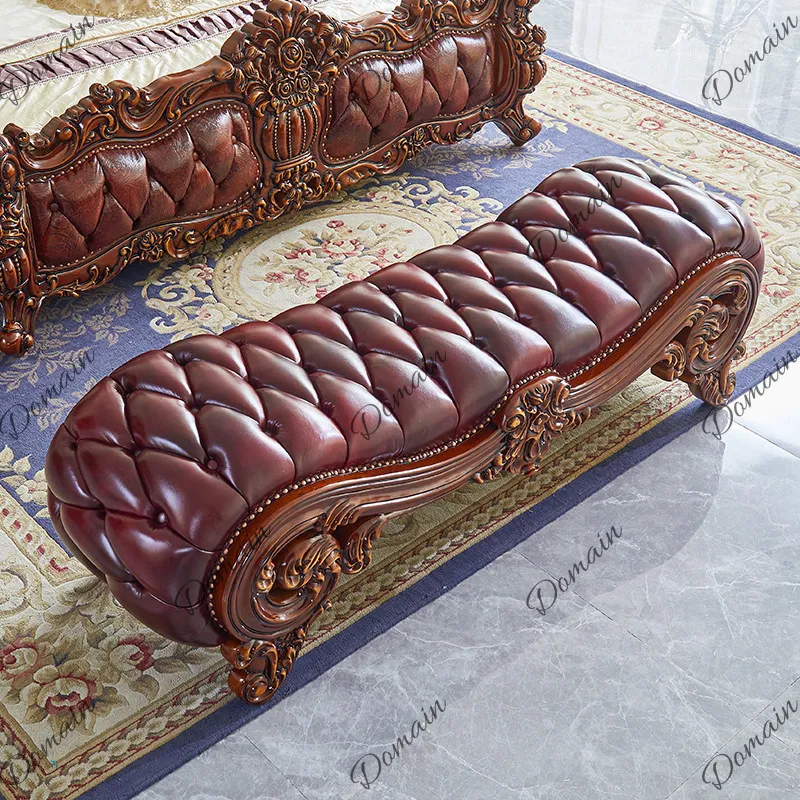 end stool leather bedside stool American solid wood carving flower bed bench bed sofa bedroom shoe changing stool