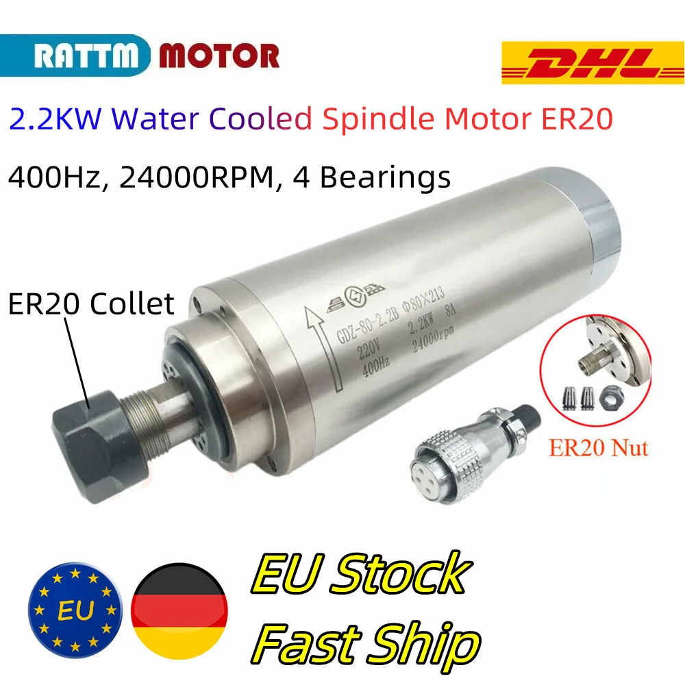 Cnc Water Cooling Spindle Er20 2200w 220v Eixo de Fresagem 2.2kw hy Vfd Inversor Pinças Estoque da ue