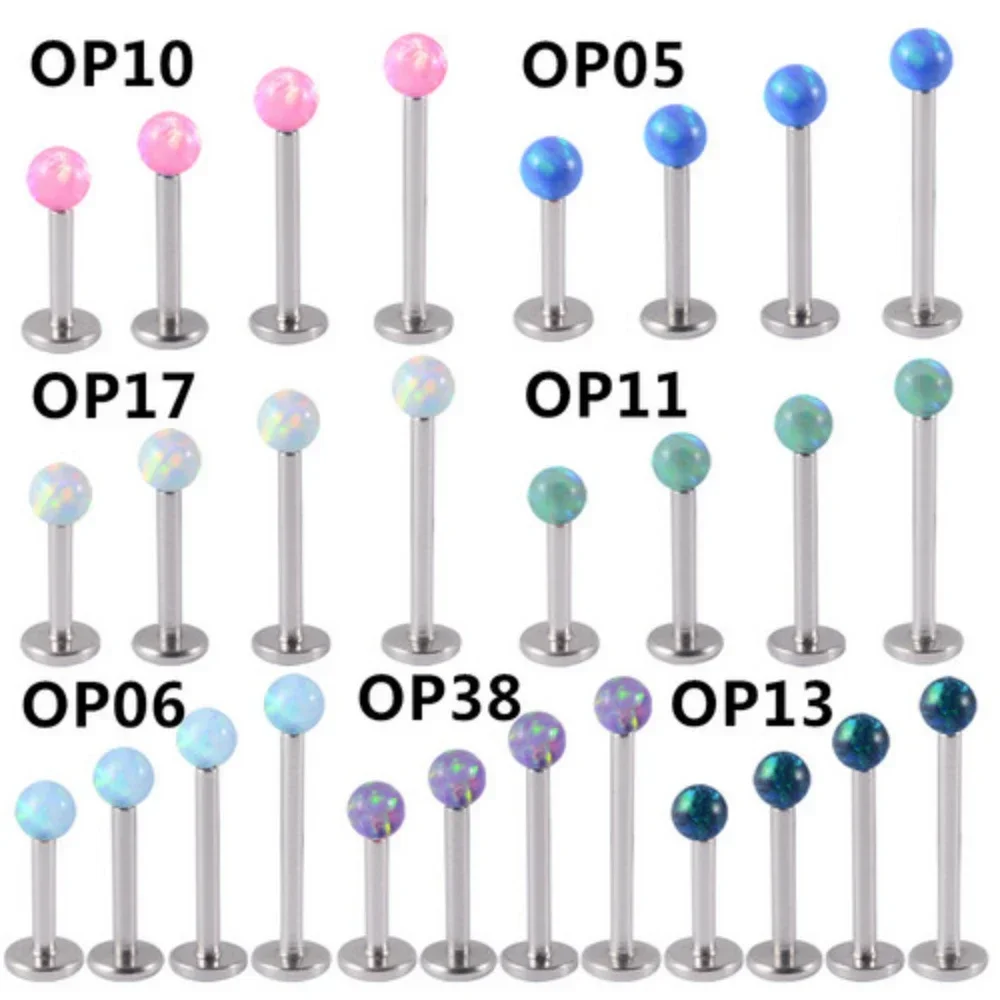 16G 1.2mm Opal Labret Ring Monroe Lip Stud Internally Threaded Steel 6mm - 12mm Bar 3mm Ball Tragus Ear Piercing