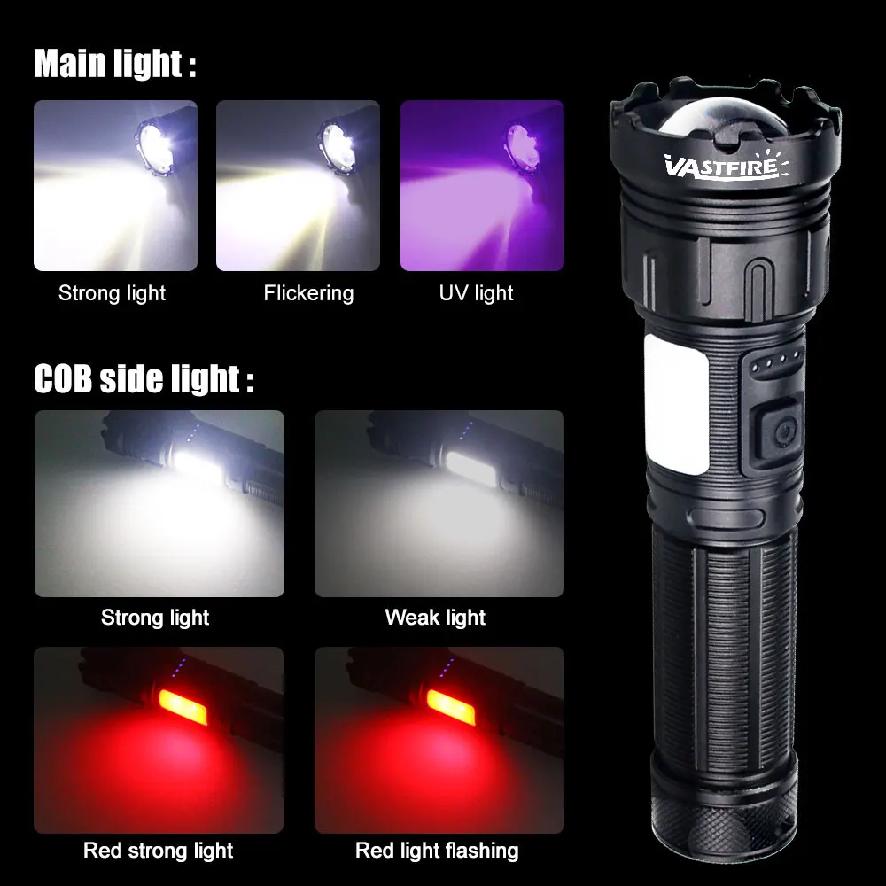 3in1 LED Flashlight with COB Sidelight Rechargeable Magnetic Torch Zoom Waterproof Ultraviolet Light Flashlight for Pets Camping