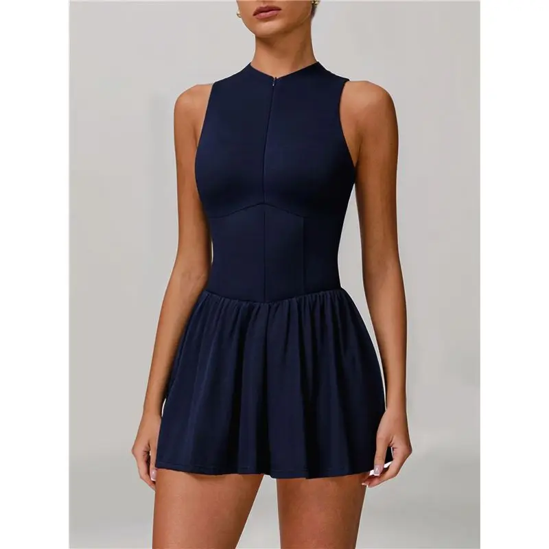 AEF6-Womens Tennis Golf Dress With Built-In Bra Shorts Zipper Slim Fit A-Line Hem Skirt Athletic With Pockets