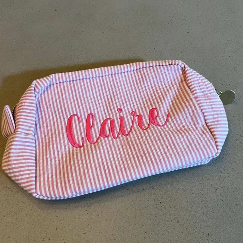 

Personalized Name Seersucker Toiletry Bag Custom Monogrammed Cosmetic Bag Gift for Women Travel Makeup Bag Unique Birthday Gifts