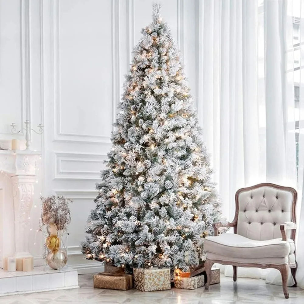 Christmas Tree Snow 9 ft, Artificial Christmas Tree with 2100 Tips, 600 Warm White Lights, Metal Stand and Hinged Branches