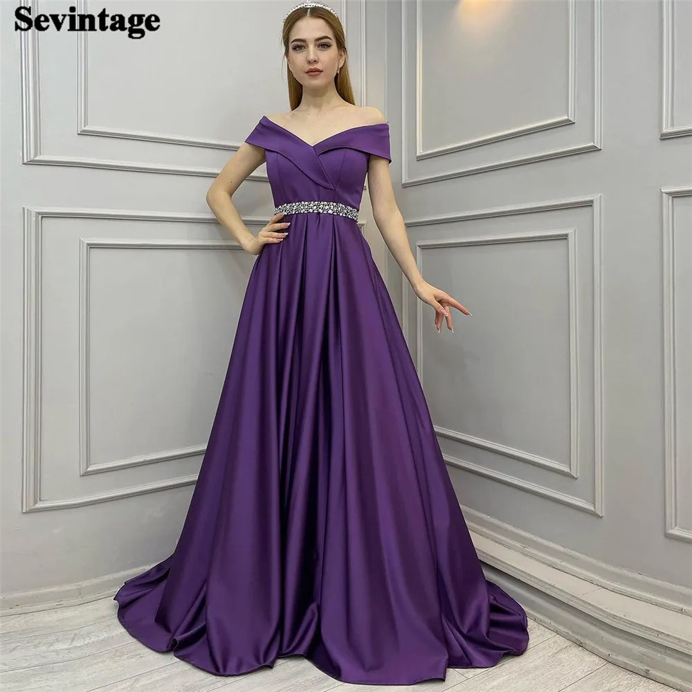 

Sevintage Elegant Purple A-Line Prom Dress Off The Shoulder Belt Ruched Floor Length Princess Evening Dress vestido de gala 2024