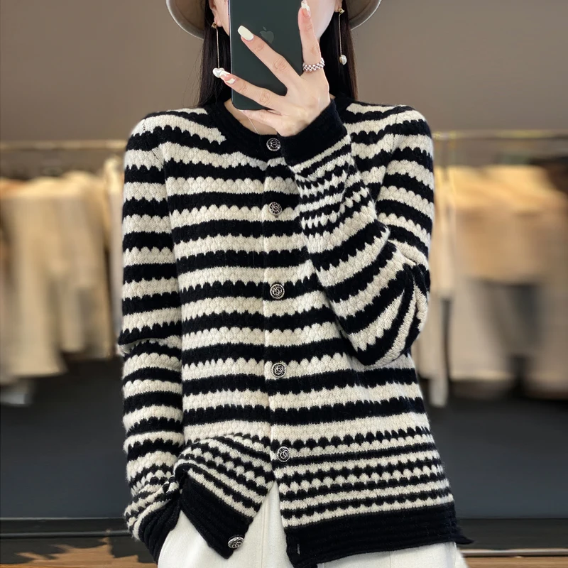 Fashion Striped Button Round Collar Sweater Women Wool Cardigan High Street 2024 Autumn Winter New Casual Knit Long Sleeve Tops