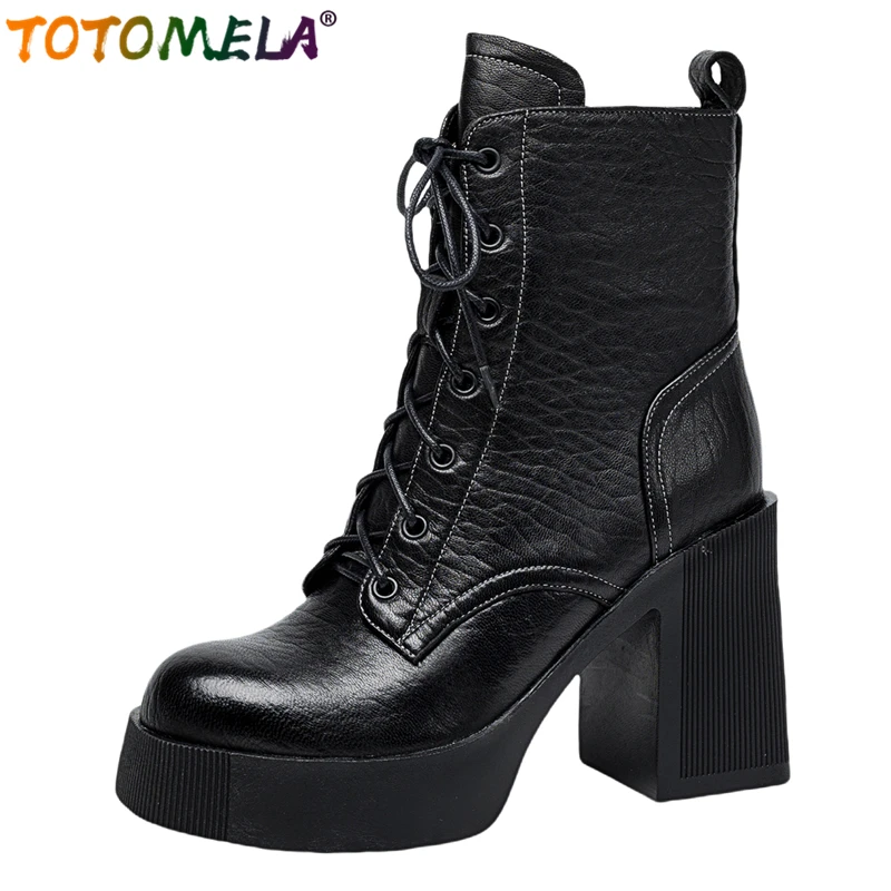 

TOTOMELA 2025 New Genuine Leather Boots Women Rond Toe Platform Ankle Boots Lace Up Autumn Winter High Heels Modern Botas