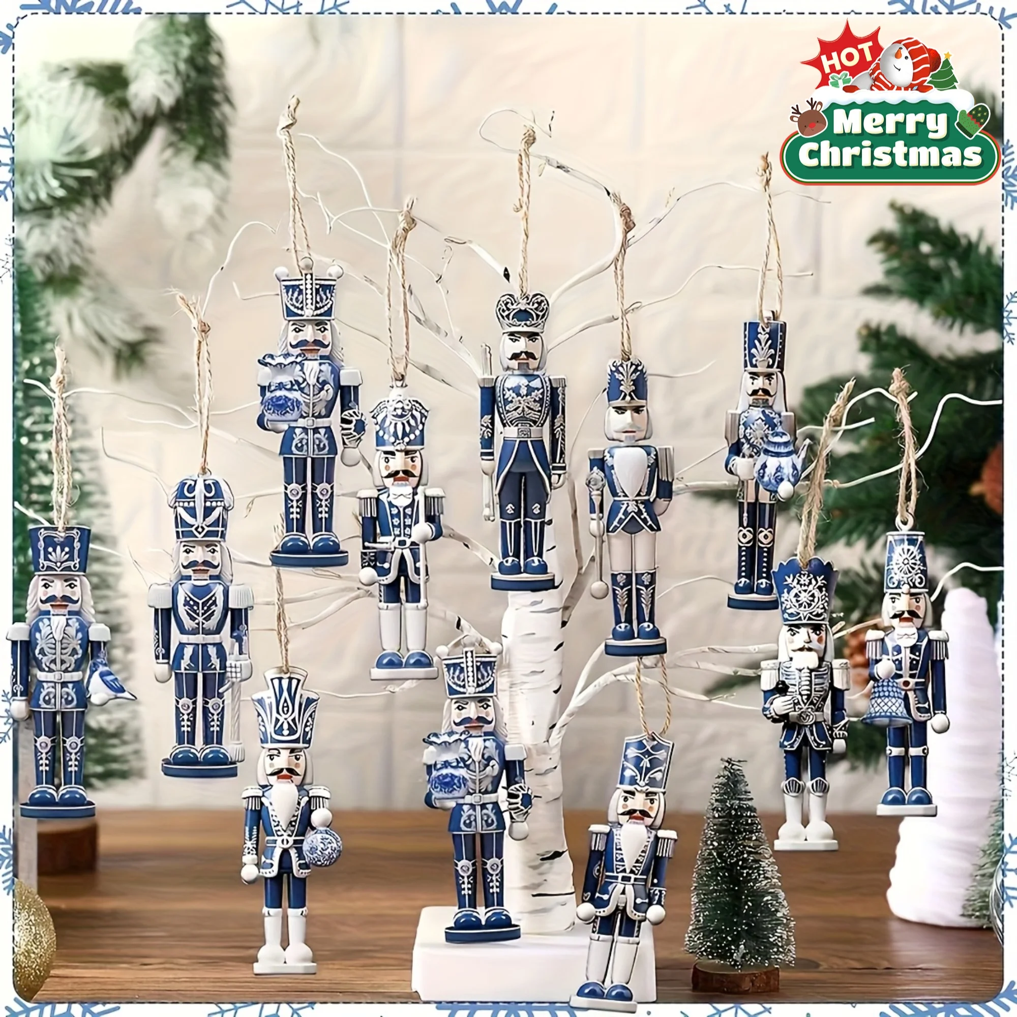 12/24 Stück 2D flacher hölzerner Nussknacker Soldat Ornamente Weihnachtsbaum Anhänger Festliche Party Dekoration Blauer Soldat Anhänger