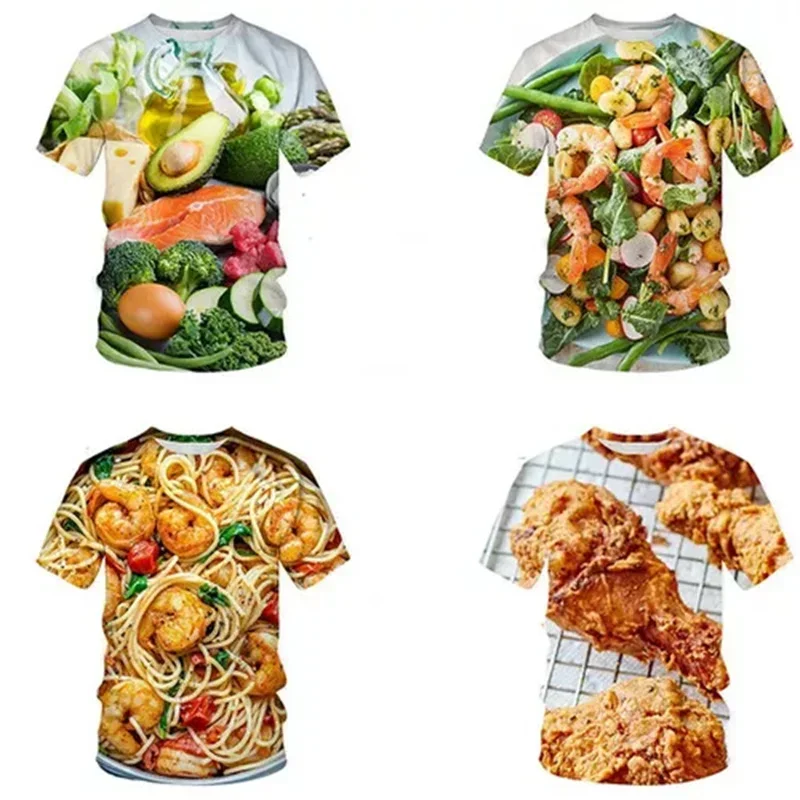 A Stylish, Breathable Summer T-shirt for Kids Featuring A Fun 3D Print of Fried Chicken and Noodles
