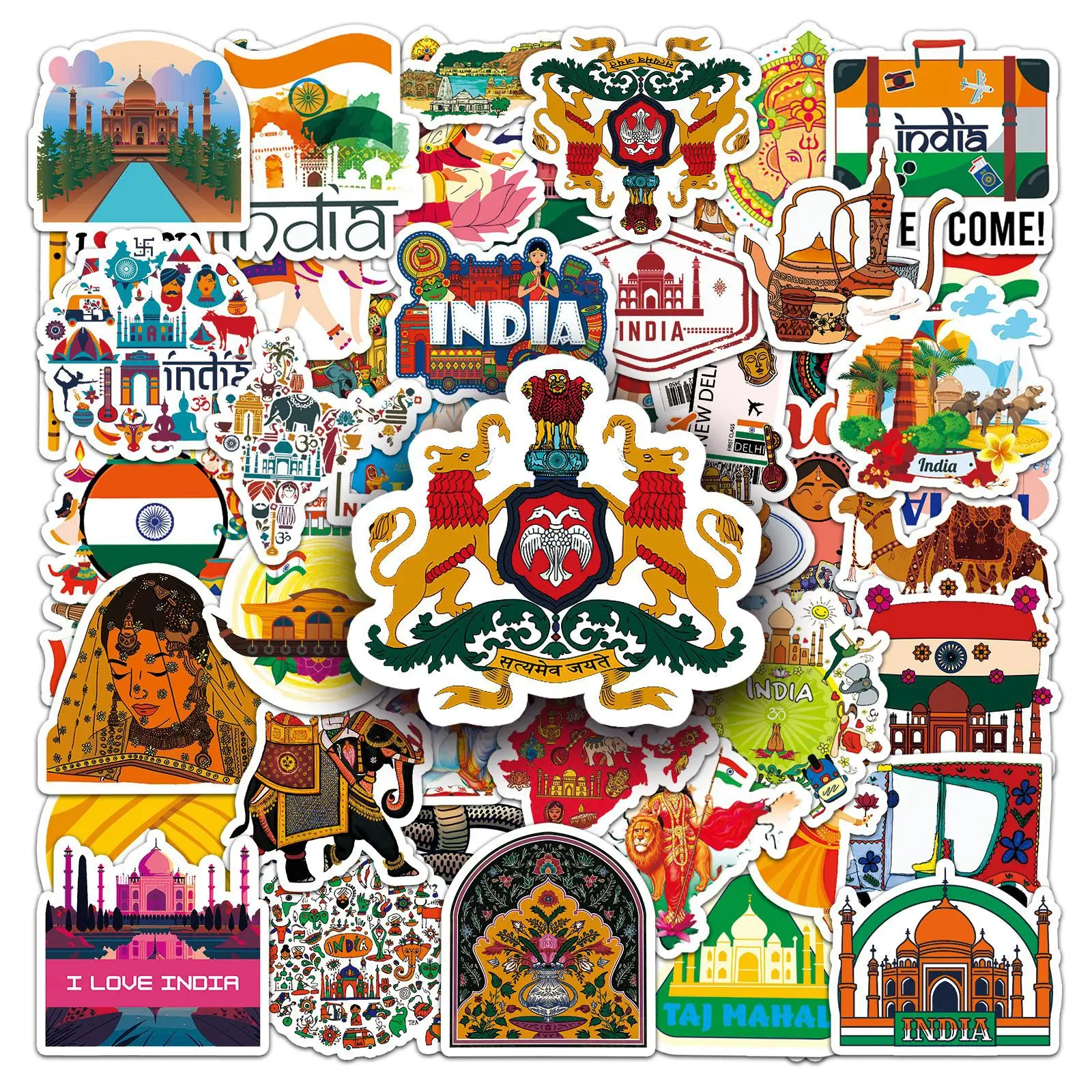 50 Stück Indien Reise-Landmarken-Aufkleber, wasserdichte Vinyl-Sticker für Laptop, Wasserflasche, Gepäck, Scrapbook, DIY-Deko ﻿