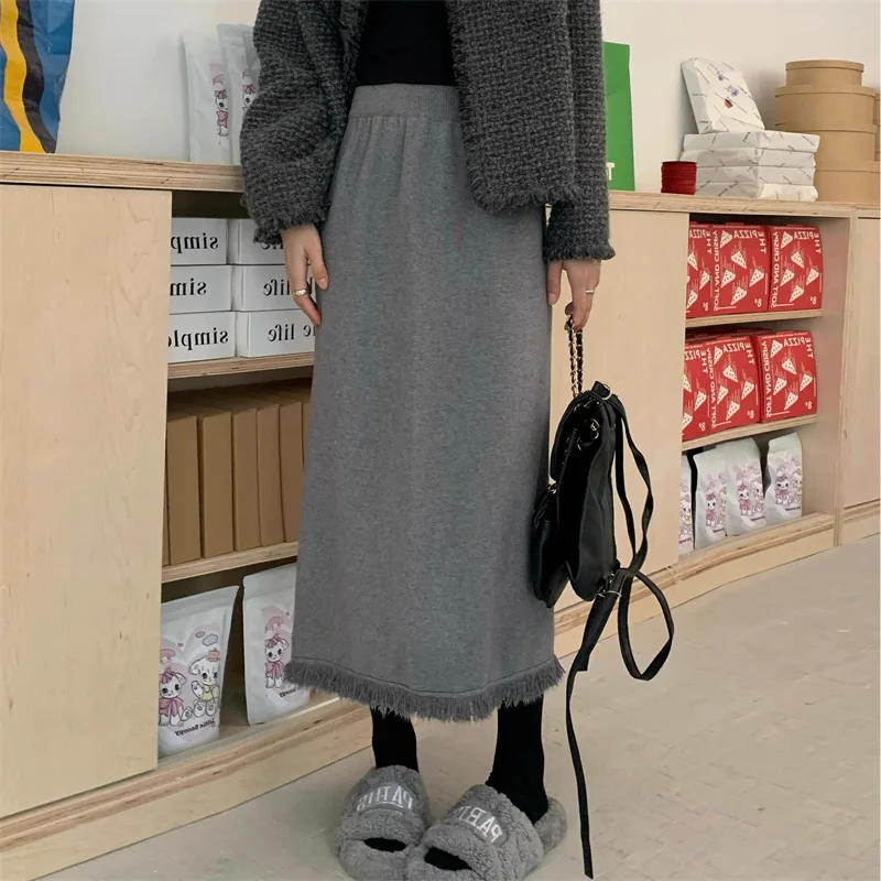 

Women's autumn winter thicken warm maxi a-shaped skirt split wool hip skirt fashion casual slim elasticity Tassel knitted skirt