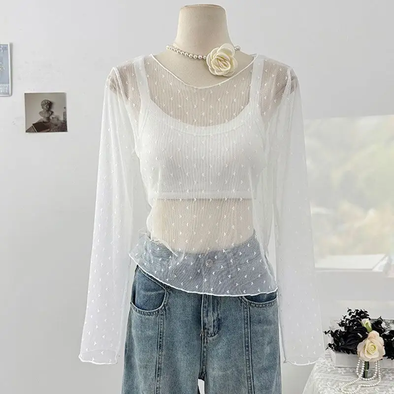 

Trendy Transparent Hollow out Thin Long Sleeve Polka Dot Spray Lace New Style Net Shirt Fashionable Mesh See through Top
