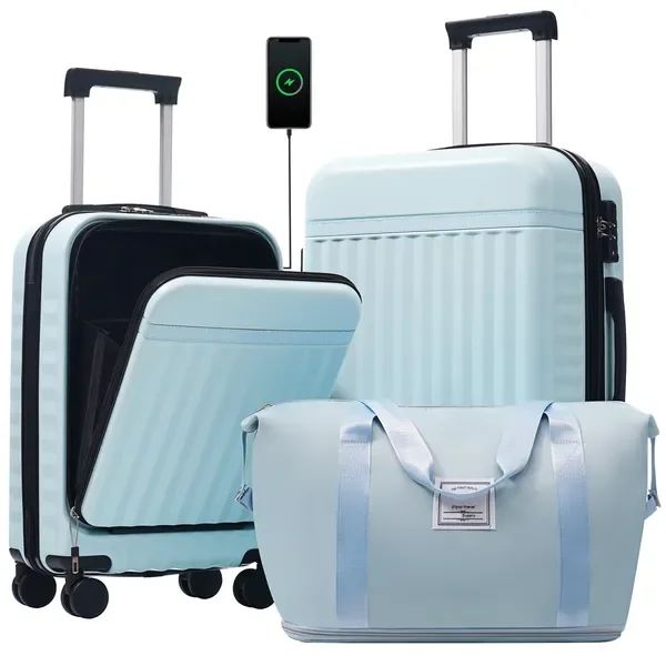 

Front Opening Luggage Set 3 Piece, Hardside Carry on Suitcase with USB Port, Expandable Luggage with