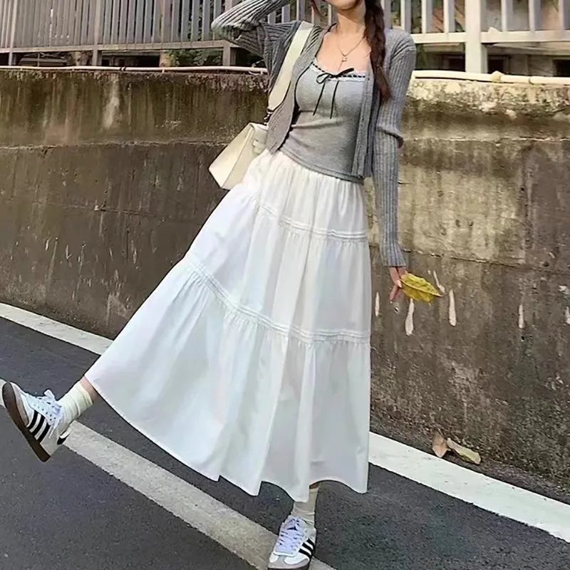 Spódnice Damskie Sukienka Balowa z Elastyczną Talią Spódnica Linia Luźna Y2k Streetwear Spliced Ankle Length Cake Dress 2025 Slight Strech White