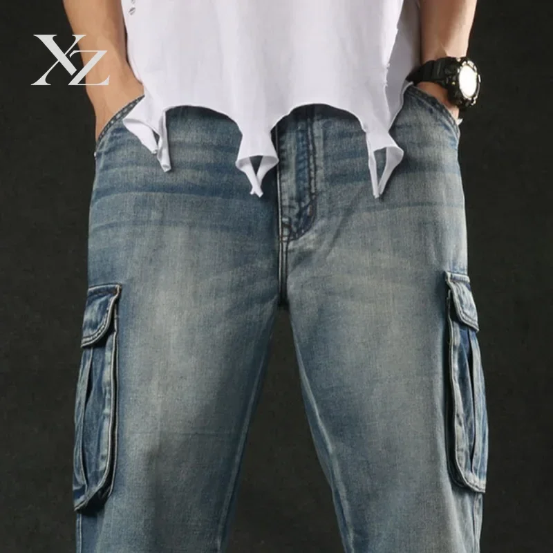 2025 new European and American multi pocket work pants, men's wide leg loose oversized trendy brand seven quarter denim shorts
