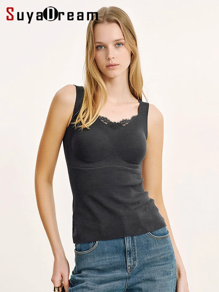 SuyaDream Ladies Lace V Neck Sleeveless Thermal Vest One-piece with Chest Pad, Silk Inner Cup Double Sided Fleece Warm Top