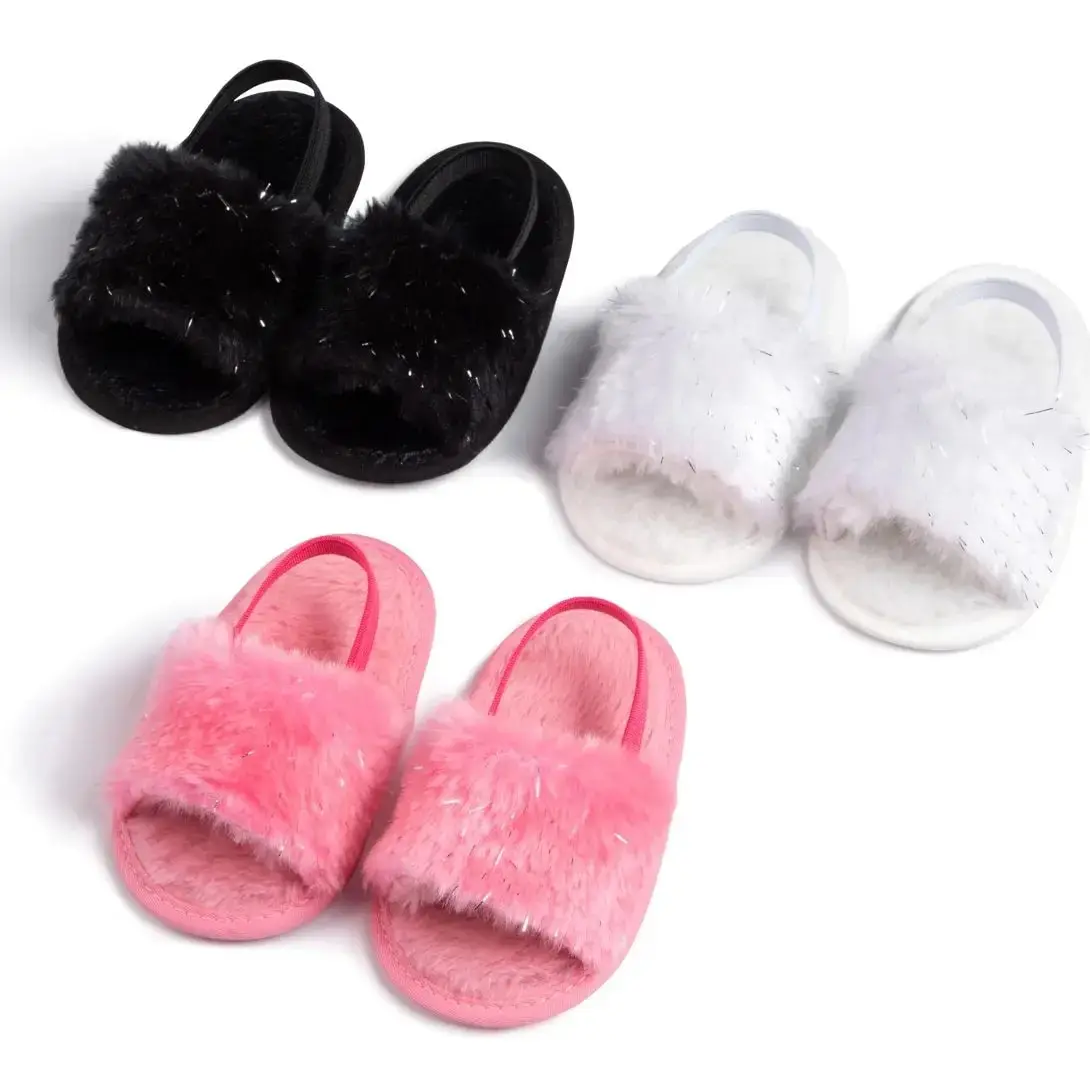 Meckior Baby Boys Girls Sandals Fluffy Baby Shoes Newborn Cotton Soft Sole Anti-Slip Toddler First Walkers Baby Slippers Indoor