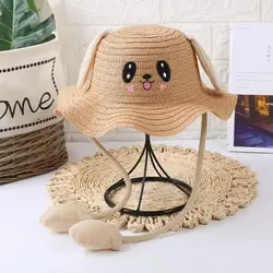 Sombrero de paja con sombrilla de oreja de conejo para niños, protector solar para el sol, sombrero de conejito móvil para fiesta de Cosplay, sombreros de vacaciones de 4 a 12 años