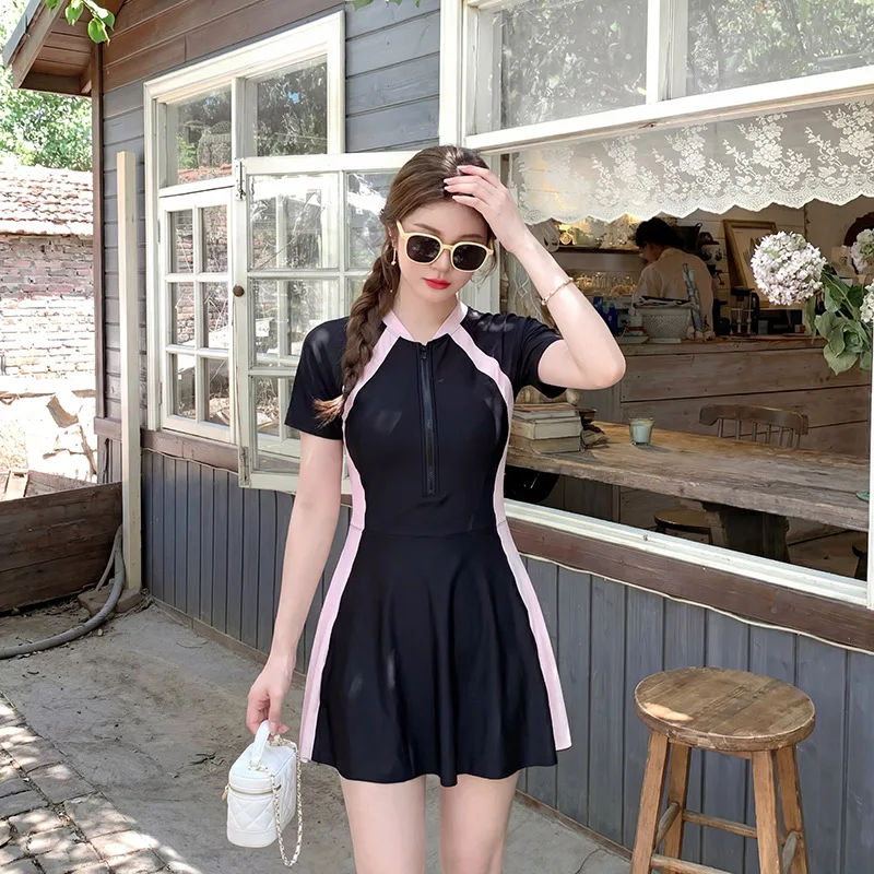 Women One-Piece Swim Dress Half-Zip Color Block Bathing Suit Short Sleeve Sport Swimsuit with Skirted Bottom for Beach Vacation