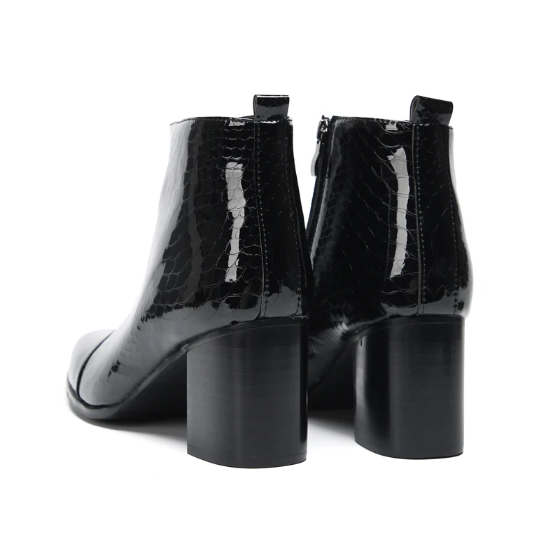 Fashion Black Male High Heeled Motorcycle Boots Zipper Pointed Toe Dress Shoes Large Size Serpentine Real Leather Short Boots