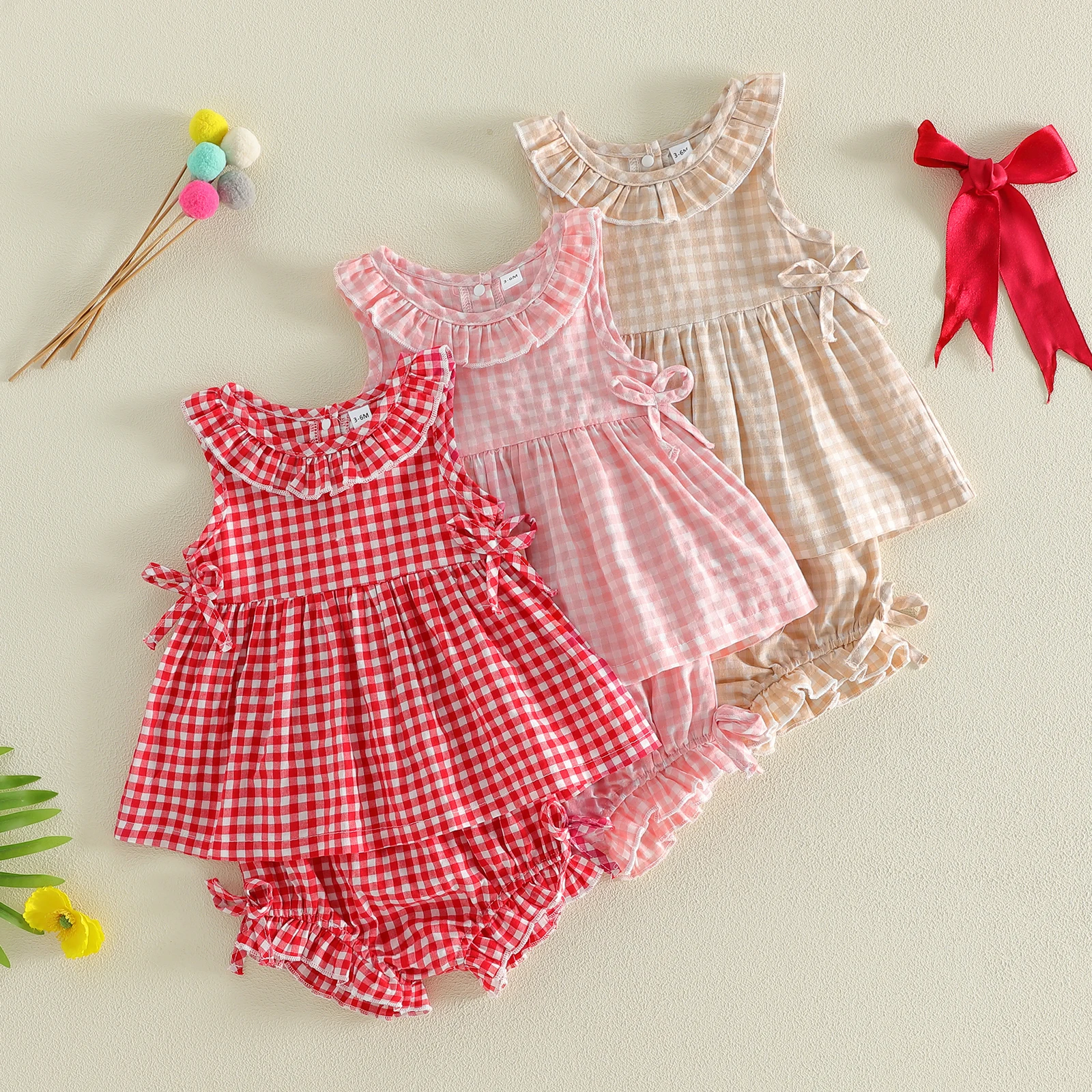 0-3Y Little Girls Retro Plaid Outfits 2 Piece Summer Adorable Plaid Sleeveless Round Neck Tops Shorts Set Baby Clothes