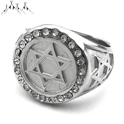 Hexagram Star of David Clear Crystal Ring for Men Silver Color Stainless Steel Punk Hip Hop Male Biker Jewelry Gifts R606