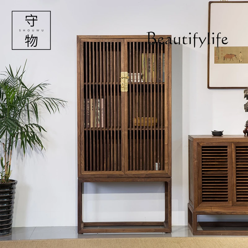 Old Elm New Chinese Style Solid Wood Bookcase Paint-Free Black Walnut Storage Hollow Display Sideboard Cabinet