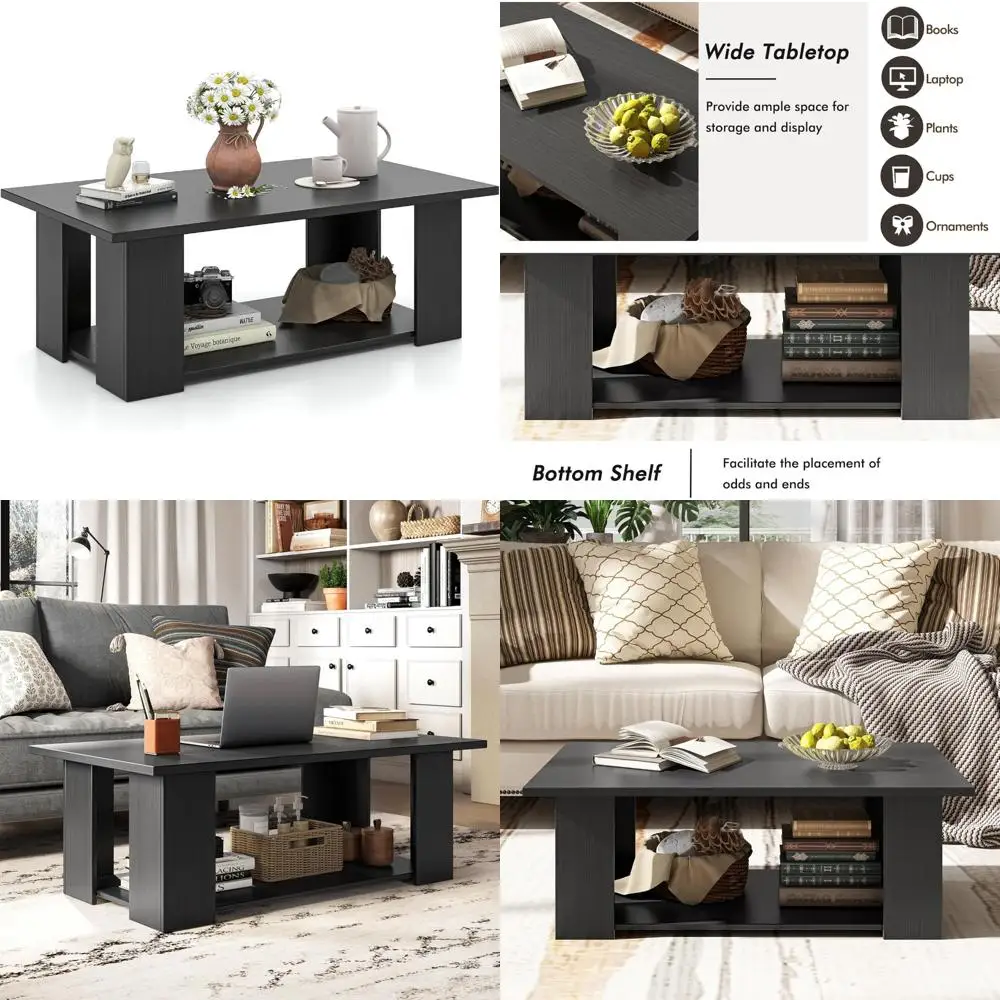 

Modern Rectangular 2-Tier Center Coffee Table with Wooden Accents for Living Room