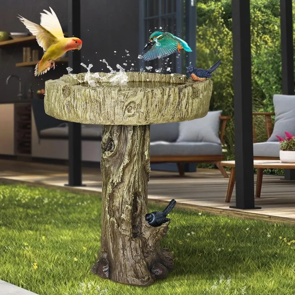 Fibre Reinforced Concrete Outdoor Garden Bird Bath with Birds, Woodland Tree Trunk Decoration Yard Statue，Pedestal