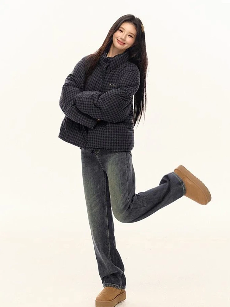 Korean Plaid Women Parkas Winter Thick Vintage Zipper All Match Puffy Coats Retro Long Sleeve Loose Casual Stand Collar Outwear