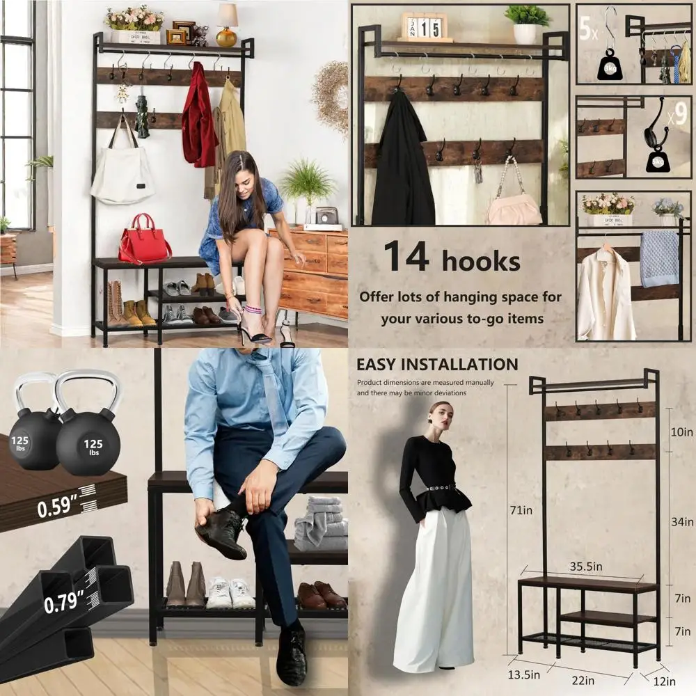 

Multi-functional Entryway Shoe and Coat Organizer with Bench, 9 Hooks, and Hanging Rod, 35.5x12x Inches