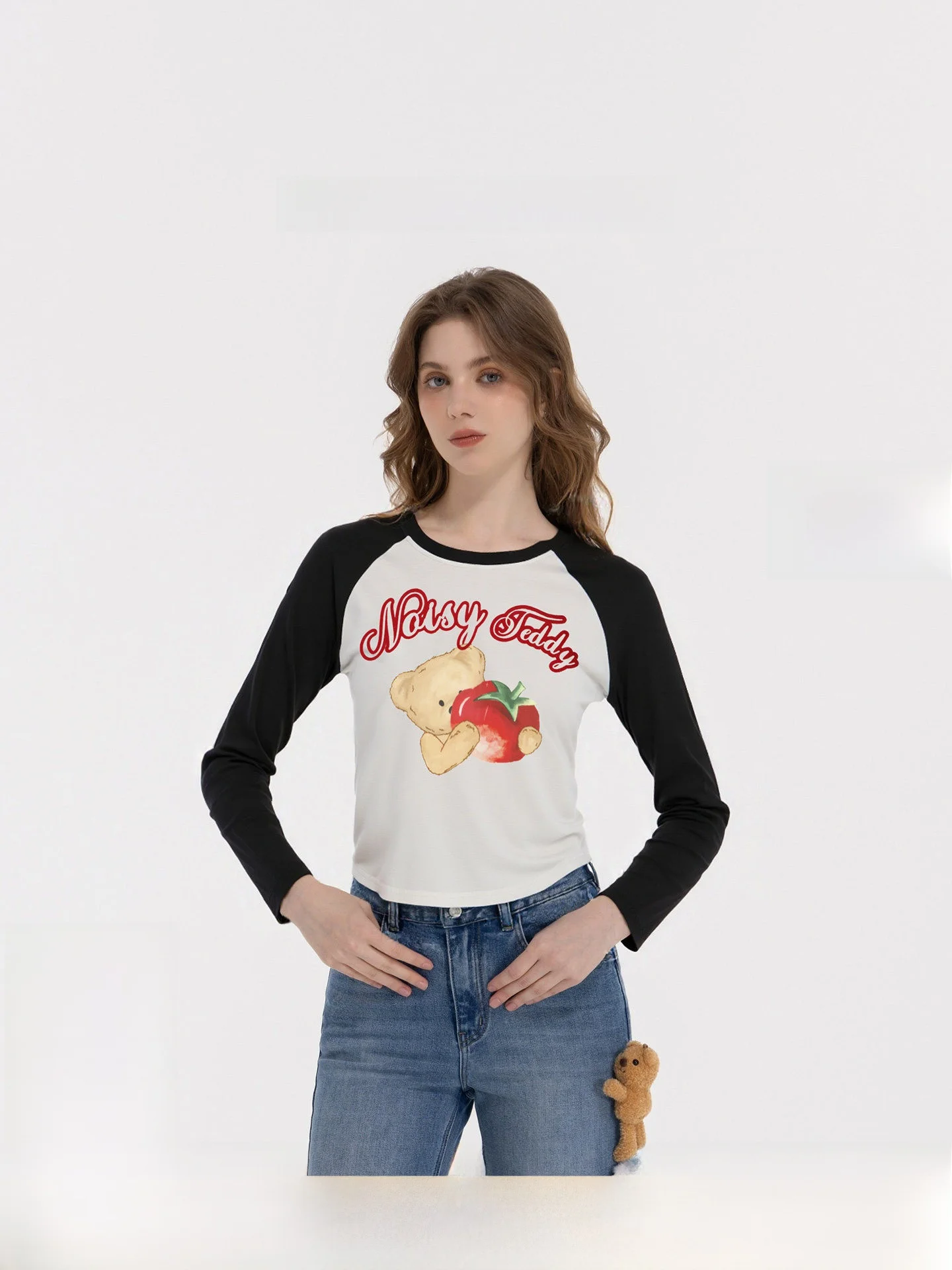 

Noisy Teddy26 Новая весенняя женская футболка с круглым вырезом и длинным рукавом, с принтом «Милый томатный медведь», в стиле колор-блок, повседневная, свободного кроя, из хлопка.