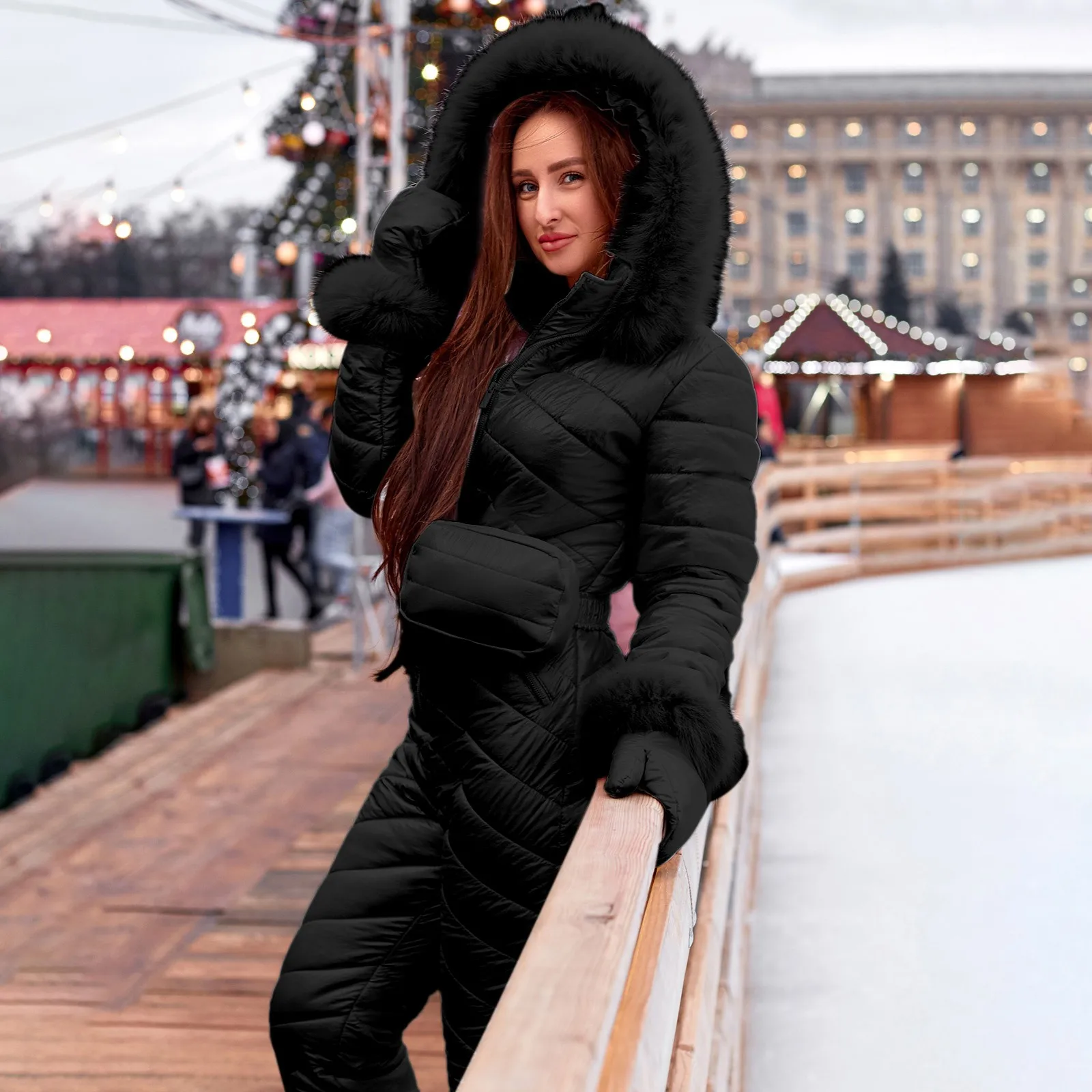 Casual Keep Warm Snowboard Ski Suit Women Fashion Thicken Outdoor Sports Ski Suits Zipper Hooded Fur Collar Sleeve Rompers