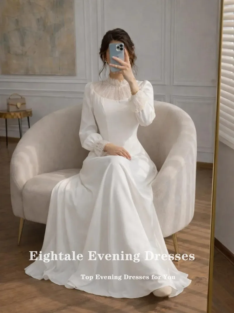 Eightale Muslim Wedding Dress High Neck Customized White Ivory A-Line Lace Arabic Bridal Gown Long Sleeves Vestido De Noiva