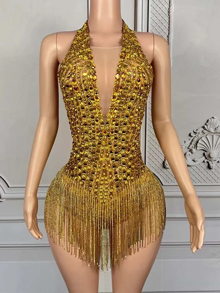 

High Quality Rhinestone Tassel Sexy Hanging Neck Gold Elastic Jumpsuit 2025 New Fashion Custom Women'S Clothing