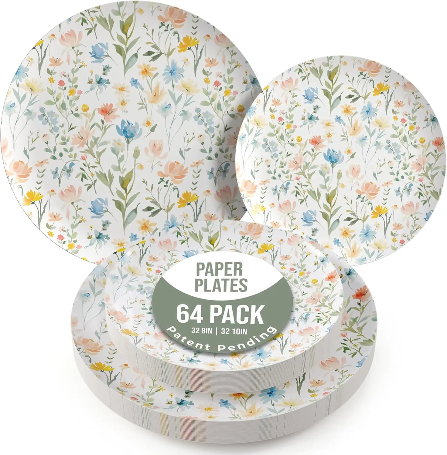 

Heavy Duty Disposable Paper Plates Set for 32 Guests - 64 Pieces with 8-inch and 10-inch Sizes, Floral Design for All Occasions