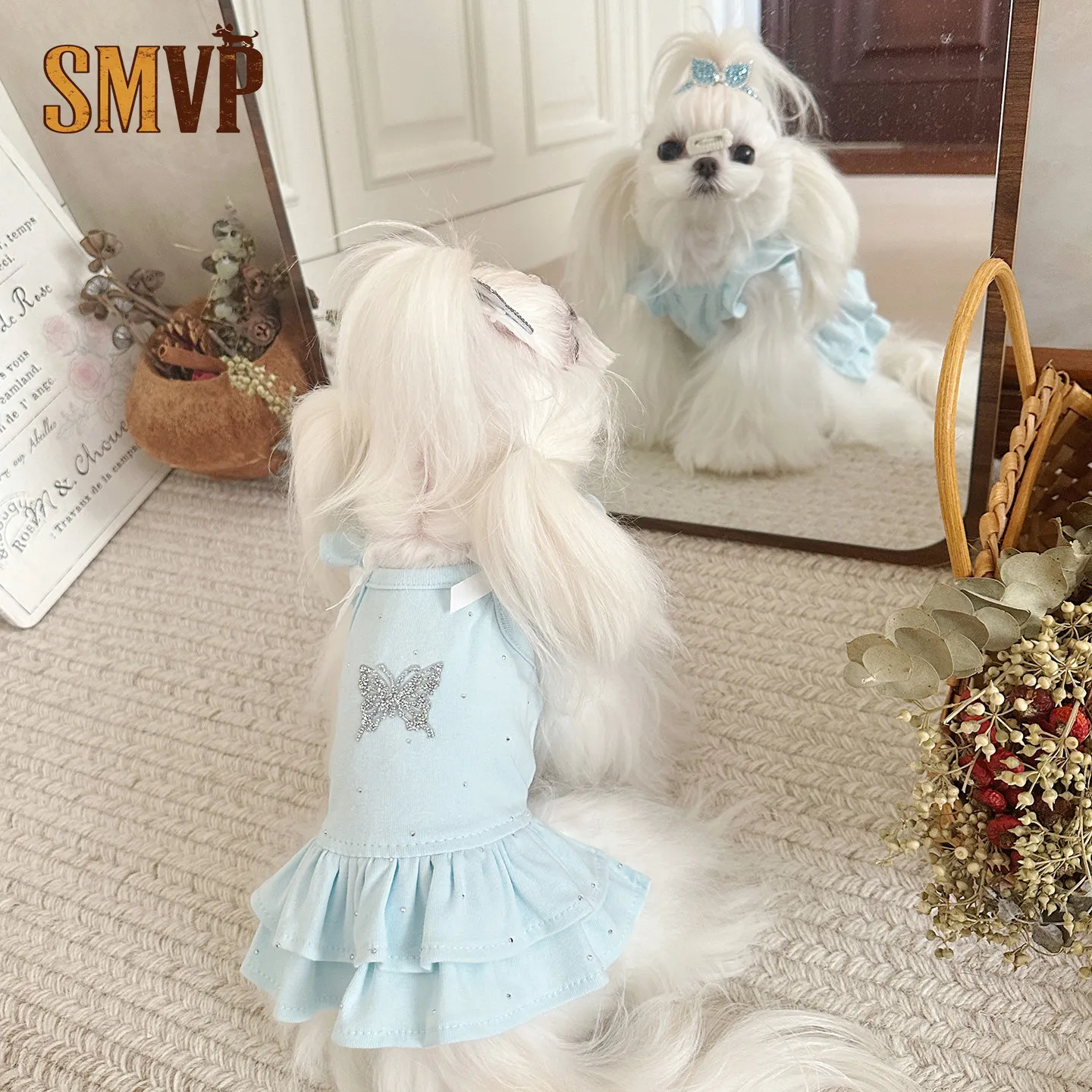 

Butterfly Sleeve Princess Dress Sparkling Diamond Decoration Sweet and Cute Style Cat Small and Medium Dog Dress