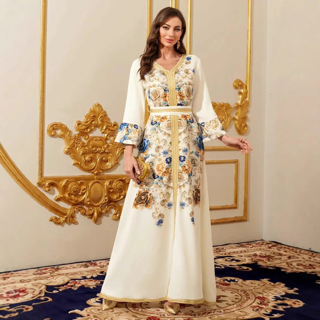 

Arabic Women's Dress Dubai Abaya Long Sleeve Printed V-neck Gown Long Dress Robe Abaya Ramadan Dubai Luxury Islam Elegant