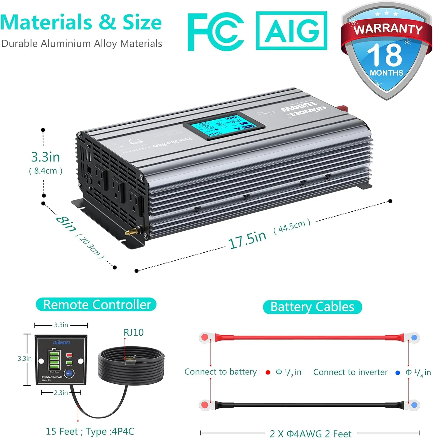 Pure Sine Wave Power Inverter Converts DC 12 Volt to AC 120 Volt with Hard Wire Terminals & Push Mount Remote Control