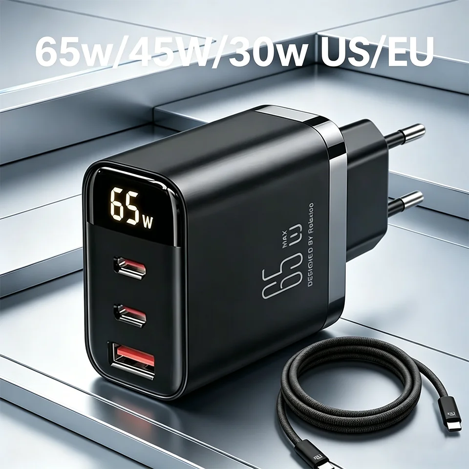 65W/45W/30W GaN 3-Port Fast Charger US/EU Plug PD USB C Char