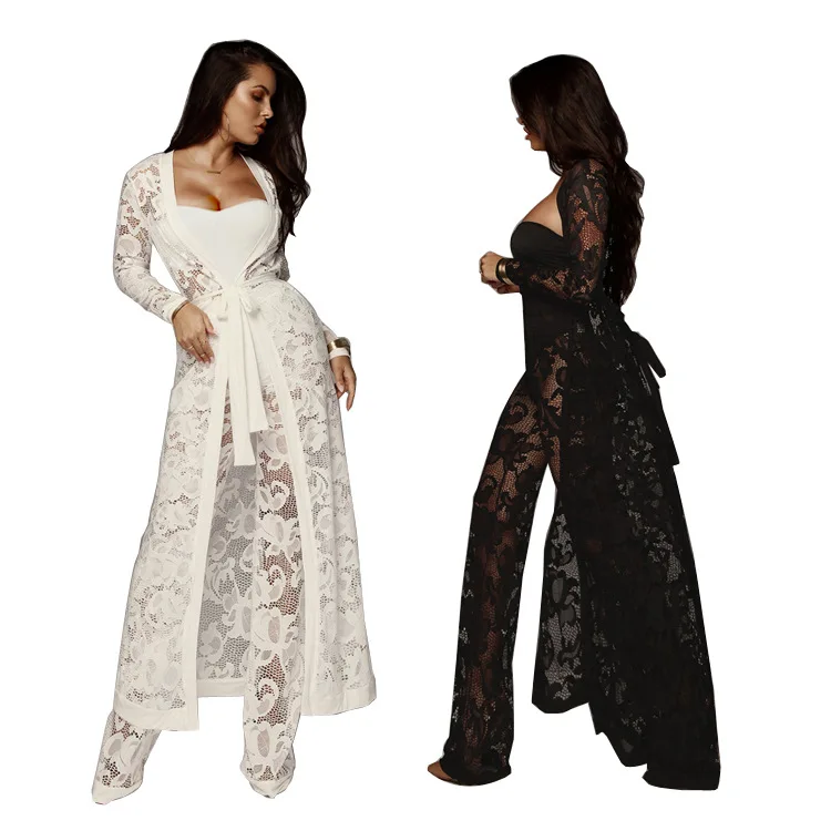 Women's Sexy Autumn Dress Lace Wide Leg Pants Three Piece Casual Set Sexy Evening Dresses  Fine Lace Set