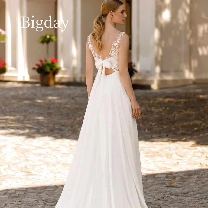 Elegante abito da sposa a-line da donna 2025 scollo a V aperto sul retro in chiffon di pizzo senza spalline abito da sposa abiti da sposa personalizzati