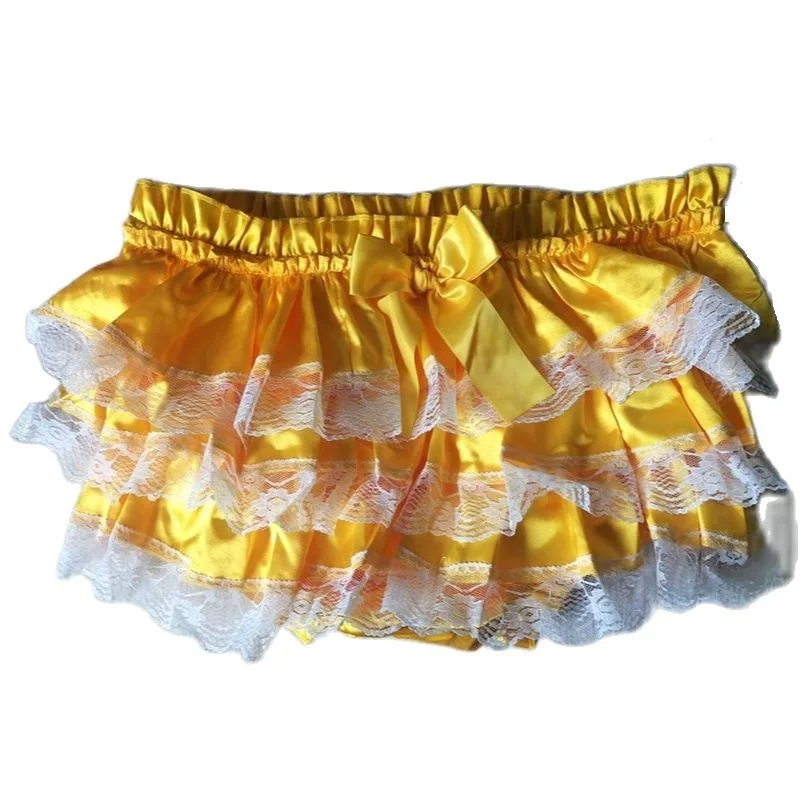 

French Sexy Adult Customized Fetishist Crossdressing Sissy Yellow Satin Multi Layered Pleated Lace Elastic Waist Shorts